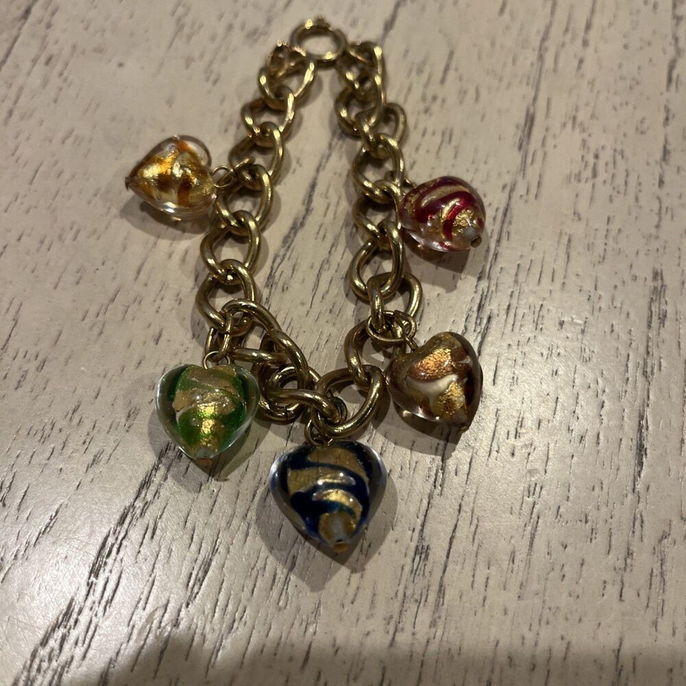 Vintage Venetian Glass Hearts Gold Charm Bracelet 8”L